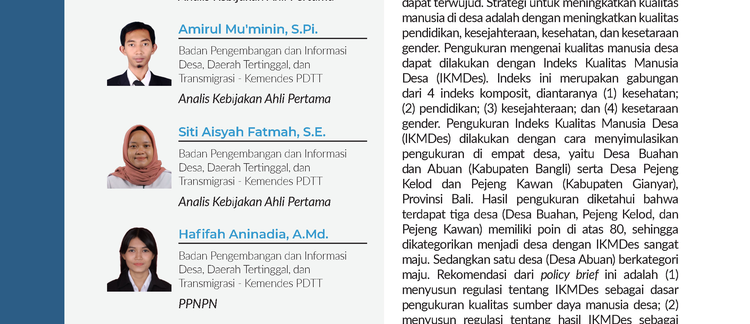 Indeks Kualitas Manusia Desa: Studi Kasus pada Desa Buahan dan Abuan (Kabupaten Bangli) serta Desa Pejeng Kelod dan Pejeng Kawan (Kabupaten Gianyar), Provinsi Bali 