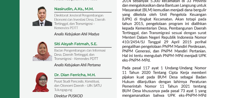 Tindak Lanjut Pembentukan BUM Desa Bersama Lembaga Keuangan Desa Pengelola Kegiatan Dana Bergulir Eks-PNPM-MPd yang Belum Bertransformasi Setelah Dua Tahun Peraturan Pemerintah Nomor 11 Tahun 2021