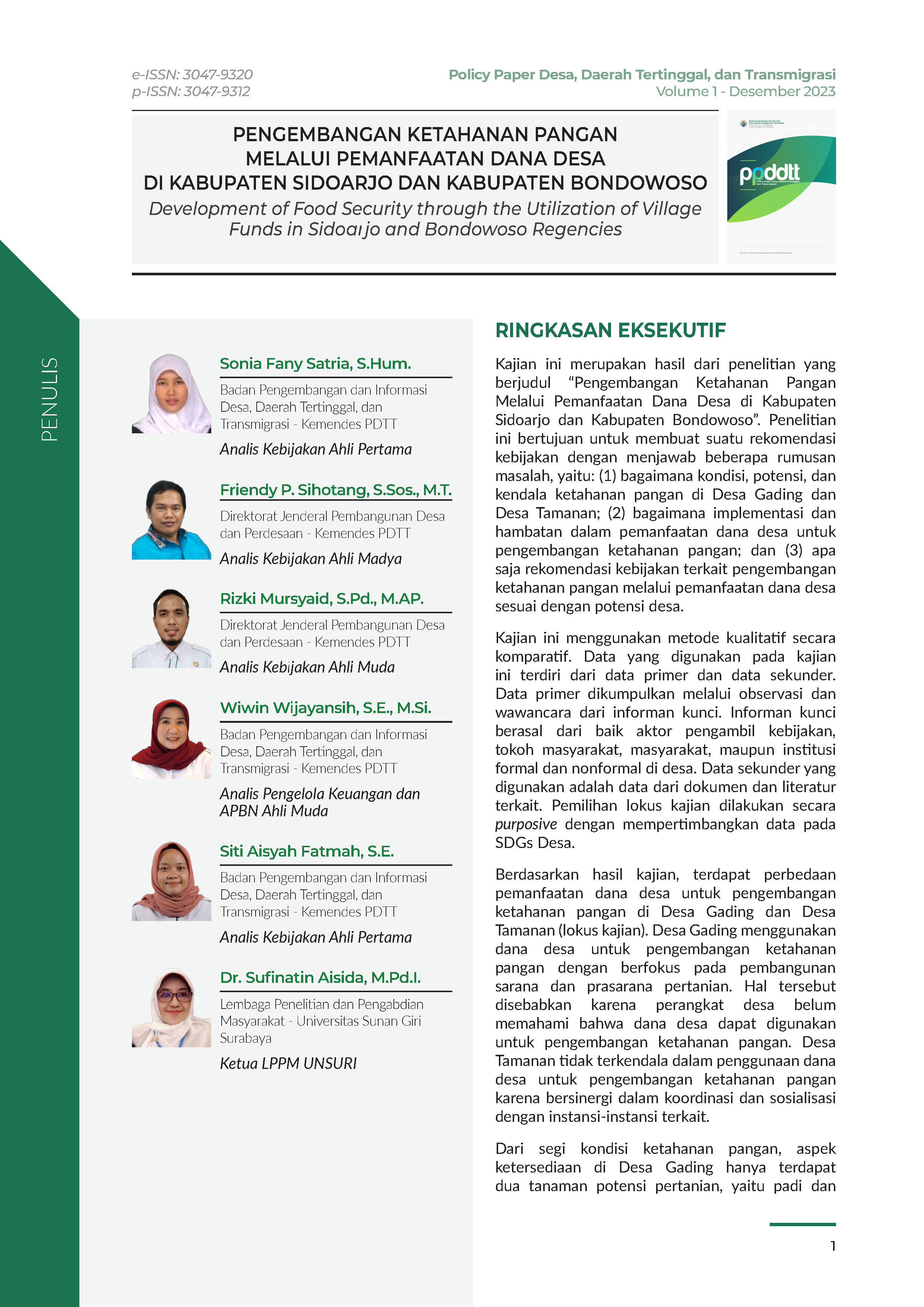 Cover Policy Paper Volume 1 No 1.1