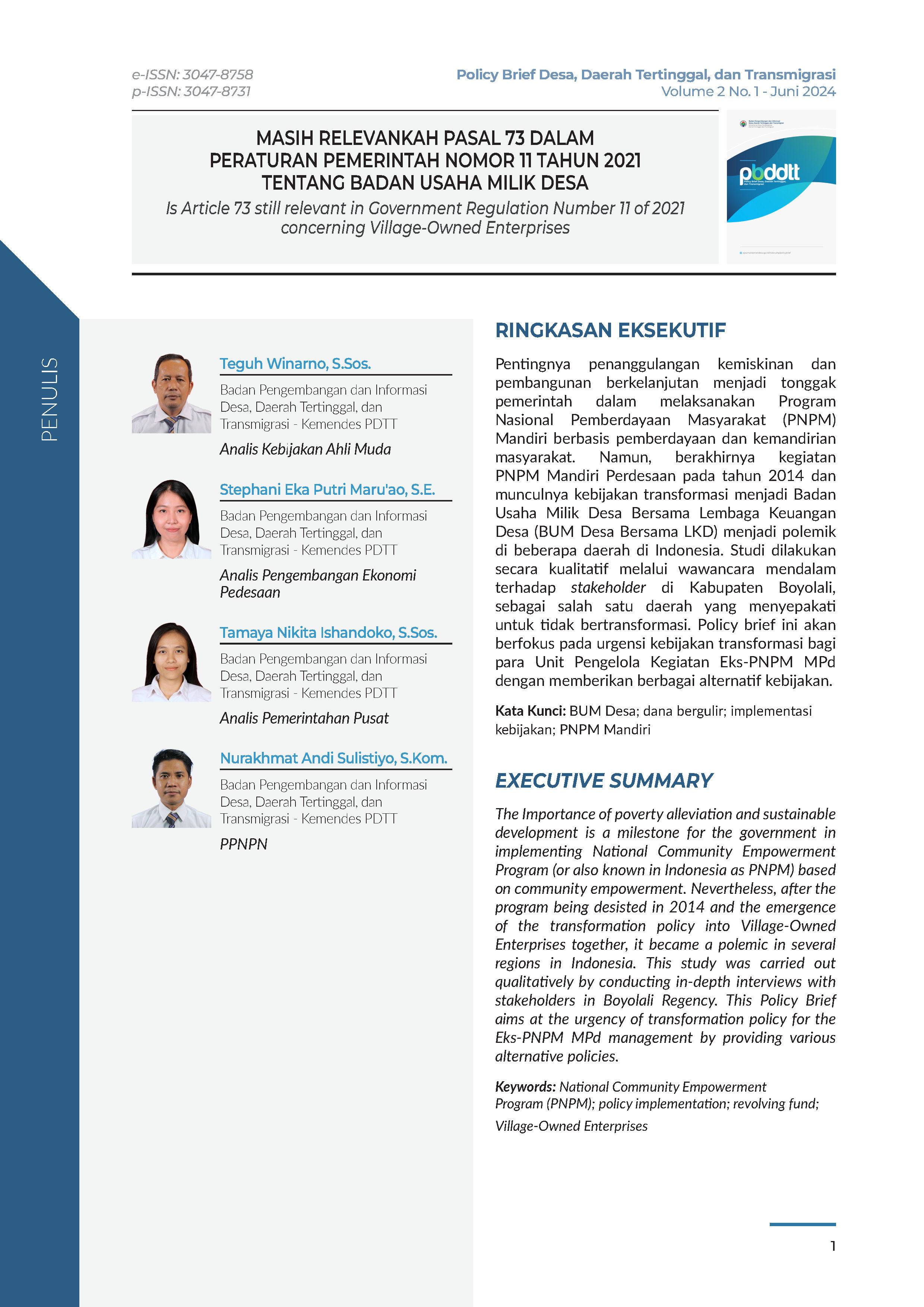 Cover Policy Brief Volume 2 No 1.1